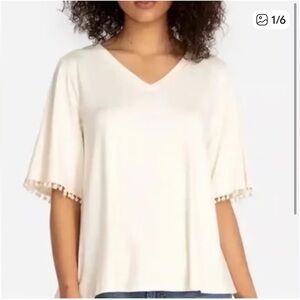 Johnny Was CALME Cream V-Neck Pom Pom Sleeve Top Bamboo Blend Size: S